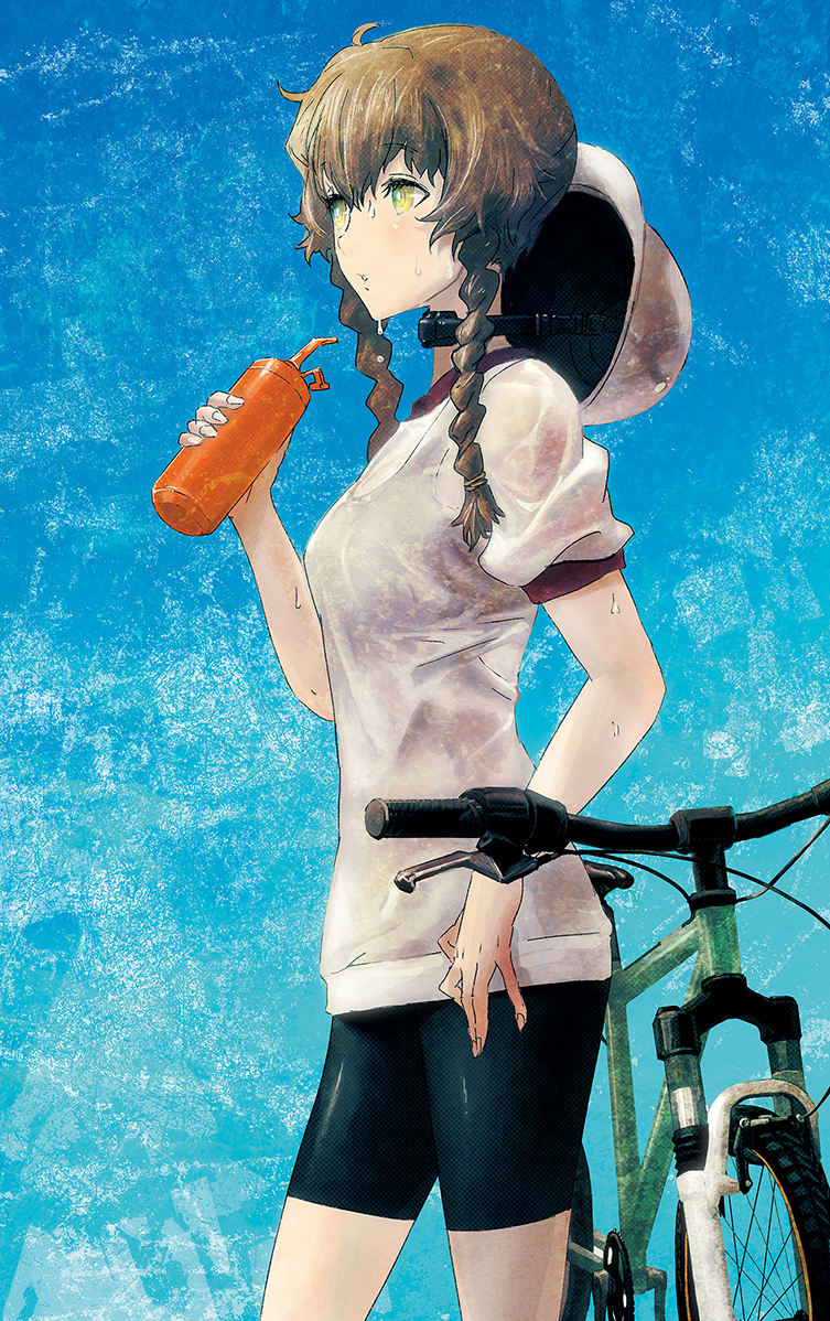 1girl 5pb. amane_suzuha bicycle bicycle_helmet bike_shorts bottle chin_strap dripping headwear_removed helmet helmet_removed hot huke nitroplus science_adventure short_twintails solo steins;gate sweat sweating twintails water_bottle wet_clothes