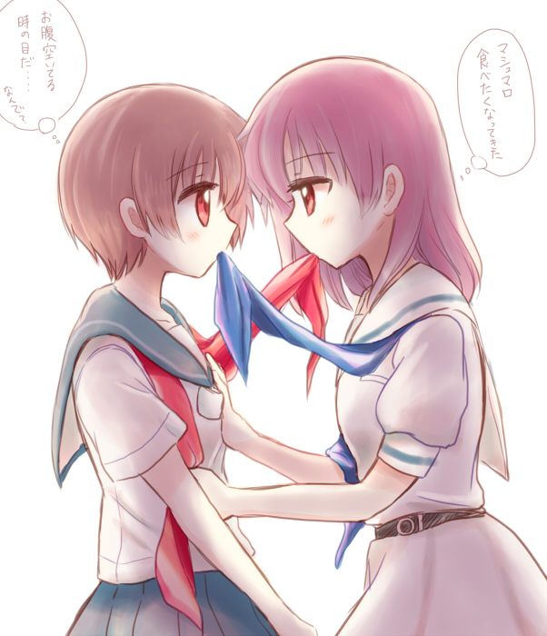 2girls belt blue_necktie blue_skirt blush buckle dress from_side kawara_yun miyanaga_saki miyanaga_teru mouth_hold multiple_girls necktie pleated_skirt profile red_necktie sailor_collar sailor_dress saki saki_achiga-hen school_uniform shirt short_hair short_sleeves siblings simple_background sisters skirt translation_request undone_necktie white_background white_dress white_shirt yuri