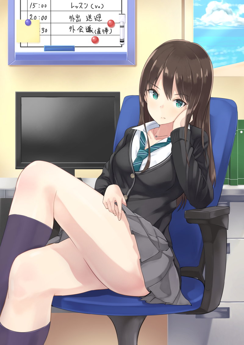 1girl black_legwear book brown_hair cardigan chair chin_rest clouds computer_screen desk drawer green_eyes idolmaster idolmaster_cinderella_girls kneehighs legs legs_crossed long_hair long_sleeves magnet marker monitor necktie office_chair school_uniform shibuya_rin sitting skirt sky solo tamakaga thighs whiteboard window