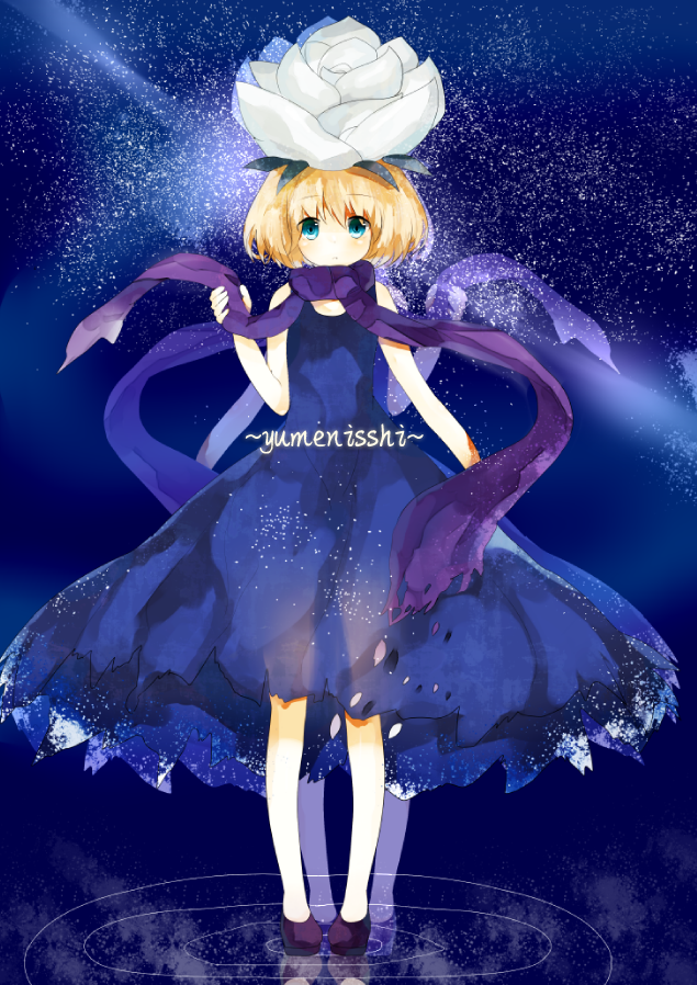 1girl avenir blonde_hair copyright_name dress expressionless flower full_body looking_at_viewer object_on_head scarf short_hair solo standing usotsuki yume_nisshi