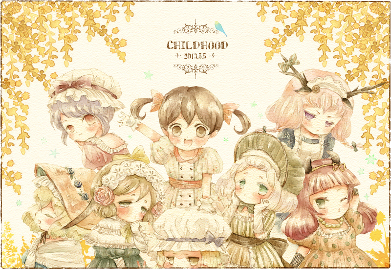 10s 2013 6+girls :t antlers aoyama_homare arm_support arms_up bangs beads blonde_hair blue_hair blunt_bangs blush bonnet braid brown_hair capelet child copyright_request dated dress elbow_gloves eyebrows flower frills gloves green_eyes hair_ribbon hairband hands_on_own_face hat headdress horns looking_at_viewer mob_cap multiple_girls pink_hair polka_dot polka_dot_dress redhead ribbon rose short_hair smile striped striped_dress tears twin_braids twintails vertical_stripes waving wink