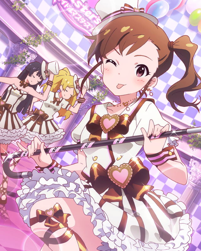 3girls artist_request black_hair blonde_hair brown_eyes cane character_name closed_eyes earrings emily_stewart emily_stuart futami_mami hat idolmaster idolmaster_million_live! jewelry long_hair mogami_shizuka multiple_girls necklace official_art one_eye_closed short_hair side_ponytail wink