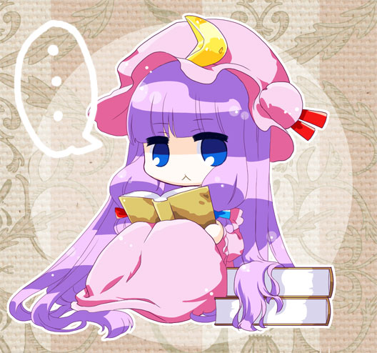 ... 1girl :&lt; blue_eyes book book_stack chibi crescent hat hina-uta holding holding_book lavender_hair long_hair looking_at_viewer mob_cap patchouli_knowledge sidelocks sitting solo touhou very_long_hair