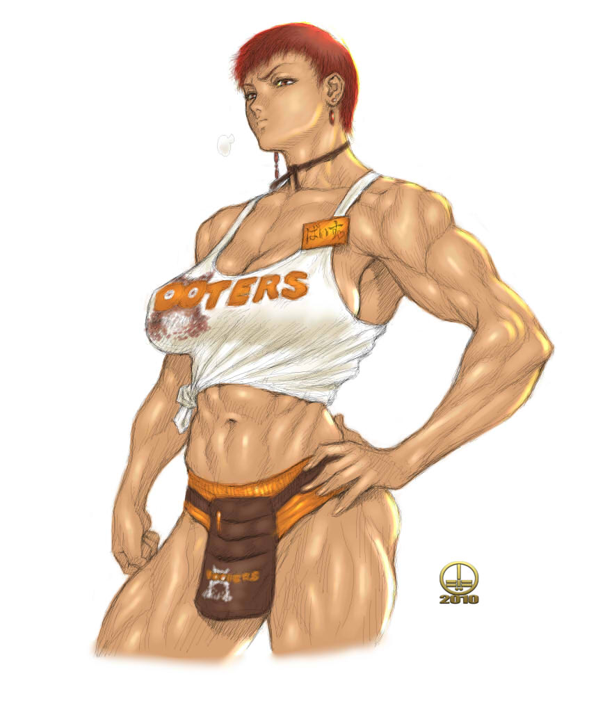 10s 1girl 2010 abs belt_pouch breasts brown_eyes choker cleavage clothes_writing cowboy_shot crop_top cropped_legs dairoku_tenma earrings employee_uniform extreme_muscles hand_on_hip hooters jewelry king_of_fighters large_breasts midriff muscle name_tag navel no_legwear nose redhead ribbon_choker shiny shiny_skin shirt short_hair short_shorts shorts sideboob solo tan tank_top the_king_of_fighters thick_thighs thighs tied_shirt uniform vice waitress