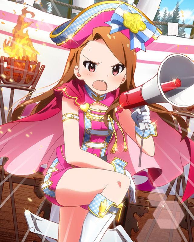 1girl angry artist_request brown_hair cape fire gloves hat idolmaster idolmaster_million_live! long_hair megaphone minase_iori musical_note official_art red_eyes solo