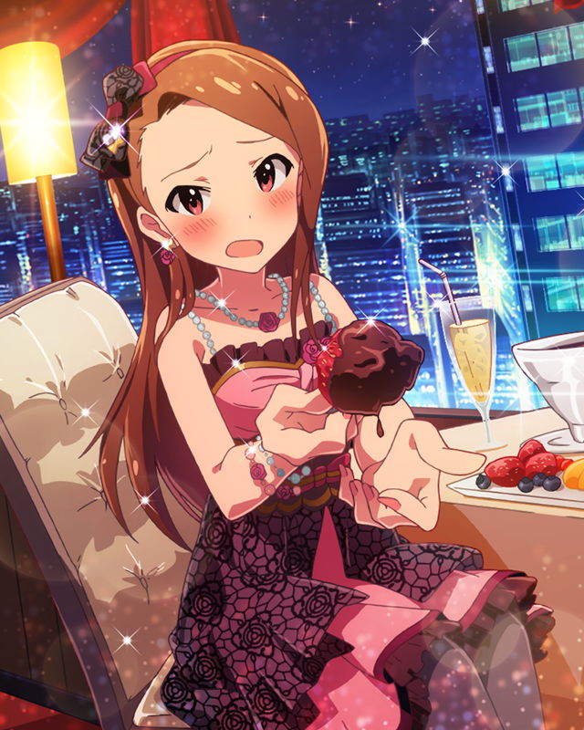 1girl alcohol blush bracelet brown_eyes brown_hair champagne chocolate chocolate_covered city city_lights cityscape d: dress earrings feeding floral_print fondue food foreshortening fruit headband idolmaster idolmaster_million_live! jewelry long_hair minase_iori musical_note necklace night open_mouth pantyhose print_dress strawberry window