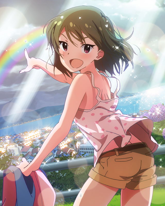 1girl :d artist_request brown_hair cityscape idolmaster idolmaster_million_live! jpeg_artifacts light_rays looking_at_viewer looking_back nagayoshi_subaru official_art open_mouth pointing rainbow short_hair shorts smile sunbeam sunlight tank_top violet_eyes