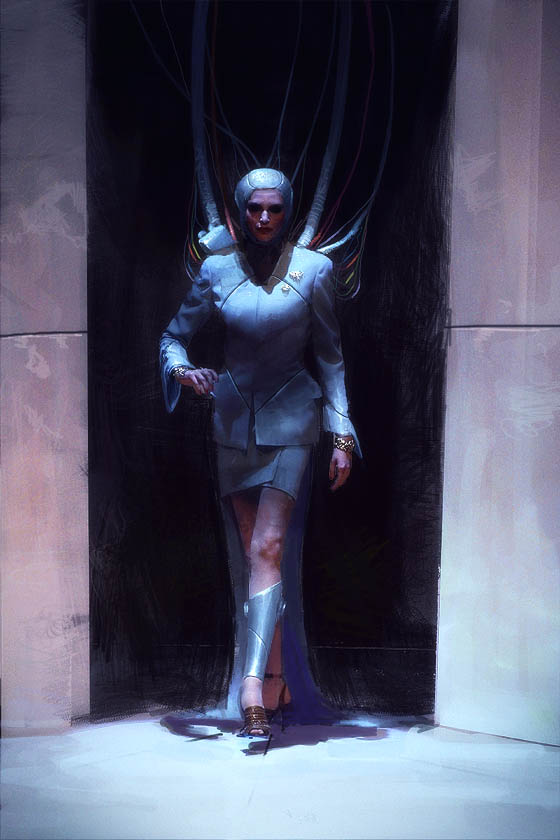 1girl cable copyright_request cyberpunk cyborg formal full_body headgear high_heels jewelry looking_at_viewer realistic robot science_fiction seung_ho_henrik_holmberg skirt skirt_suit solo suit walking