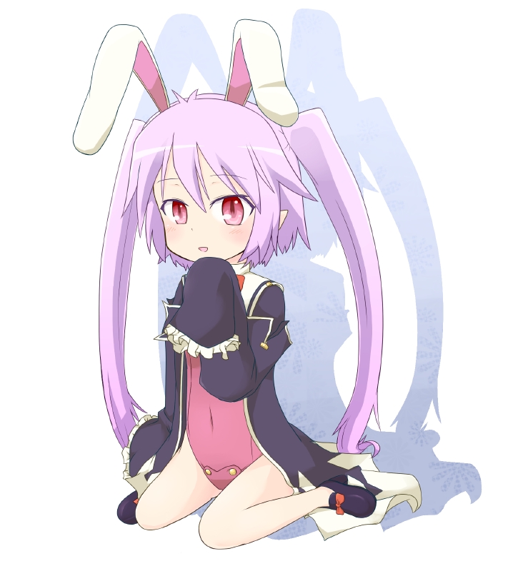1girl animal_ears bare_legs clothed_navel ingrid_sorveig_sorgrims leotard long_hair looking_at_viewer lotte_no_omocha! naya open_mouth pointy_ears purple_hair rabbit_ears red_eyes robe shadow shoes simple_background sitting sleeves_past_wrists solo twintails very_long_hair wariza white_background