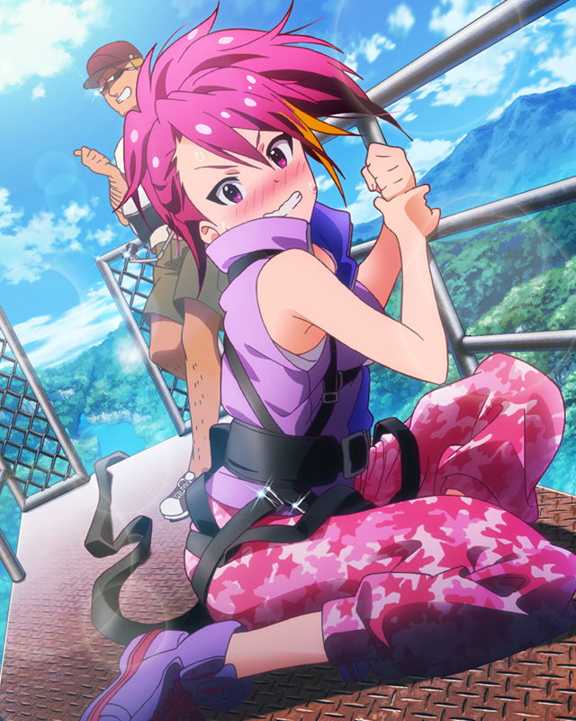 1boy 1girl acrophobia artist_request blush bungee_jumping camouflage camouflage_pants clenched_teeth harness idolmaster idolmaster_million_live! lens_flare looking_at_viewer maihama_ayumu multicolored_hair official_art pants pink_eyes pink_hair railing scared teeth vest wavy_mouth
