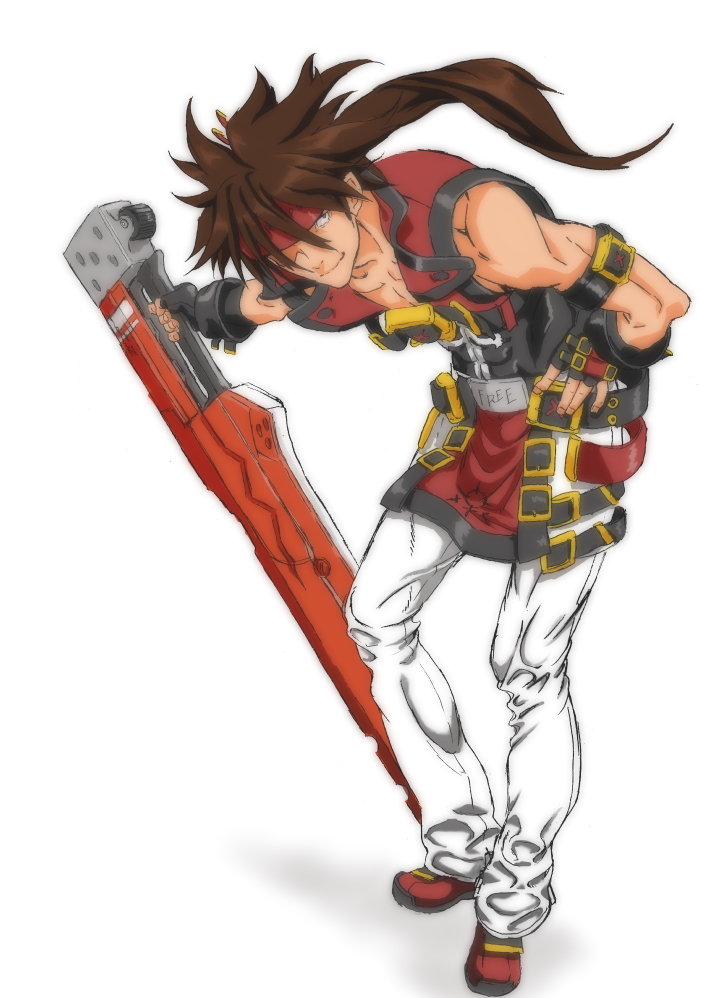 1boy brown_hair fingerless_gloves gloves guilty_gear guilty_gear_xrd headband leaning_forward multiple_belts muscle pants ponytail reverse_grip sol_badguy solo sword tsukinowa_kousuke vest weapon