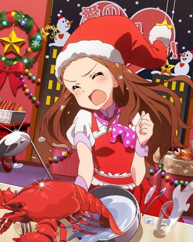 &gt;_&lt; 1girl blush brown_hair christmas closed_eyes hat idolmaster idolmaster_million_live! ladle lobster long_hair minase_iori official_art santa_hat snowman solo tears