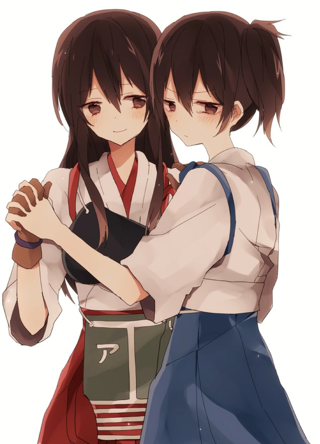 2girls akagi_(kantai_collection) arm blue_skirt blush breastplate brown_eyes brown_gloves brown_hair female flight_deck gloves half-closed_eyes hand_holding hand_on_shoulder interlocked_fingers ivu_(e10x) japanese_clothes kaga_(kantai_collection) kantai_collection kimono light_smile long_hair long_skirt looking_at_another looking_away looking_back md5_mismatch miko multiple_girls muneate pleated_skirt red_skirt short_hair shy side_ponytail simple_background skirt smile standing tears very_long_hair white_background yuri