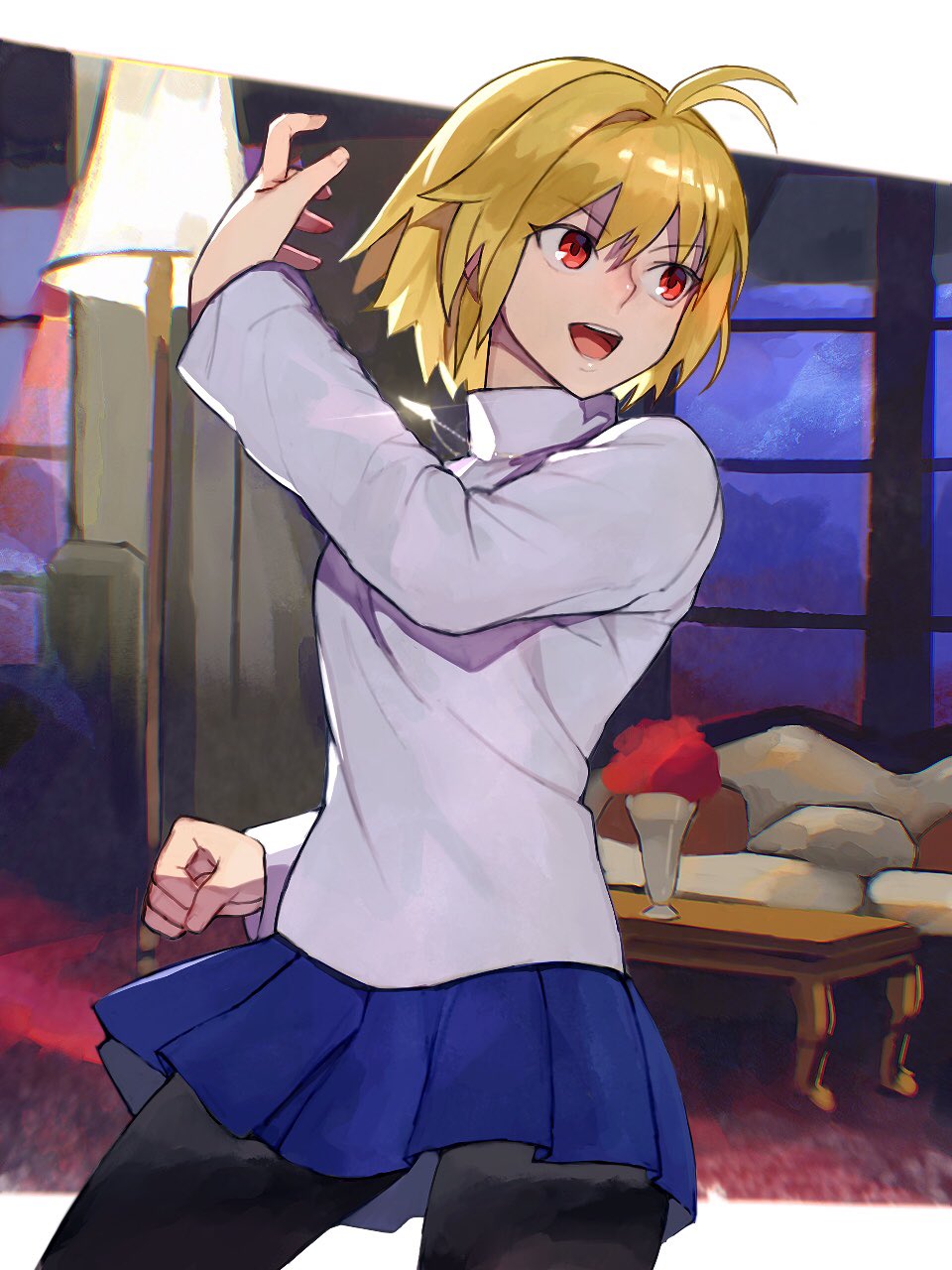 1girl :d ahoge arcueid_brunestud bangs blonde_hair blue_skirt blush breasts clenched_hand contrapposto couch cowboy_shot eyebrows_visible_through_hair fighting_stance grey_background hair_between_eyes hand_on_hip highres jewelry lamp long_sleeves medium_breasts medium_hair melty_blood necklace oni_gini open_mouth pantyhose pleated_skirt red_eyes short_hair simple_background skirt smile solo sweater table tsukihime tsukihime_(remake) turtleneck white_sweater window
