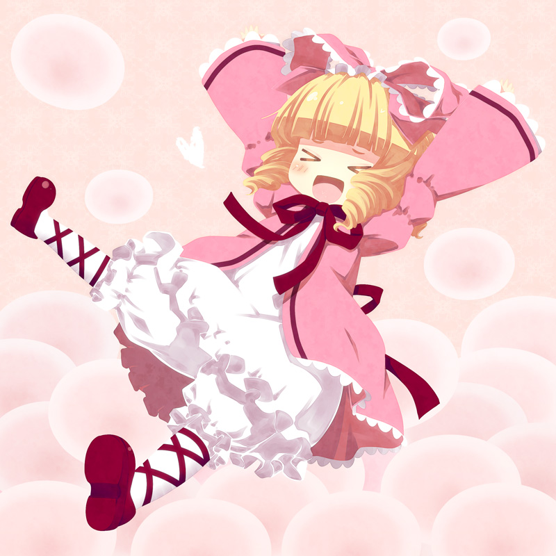 &gt;_&lt; 1girl :d arms_up blonde_hair bow closed_eyes drill_hair hina_ichigo kouji_(campus_life) md5_mismatch open_mouth pink_bow ribbon rozen_maiden smile solo twin_drills twintails xd