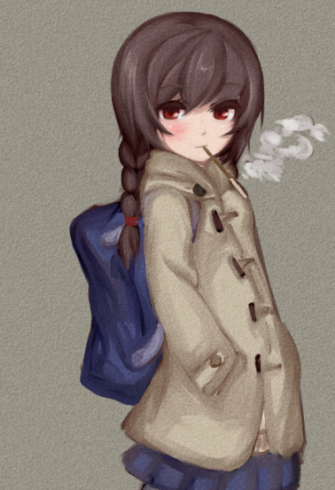 1girl bag breath brown_hair coat expressionless hands_in_pockets long_hair looking_at_viewer madotsuki mirin_(1815815) mouth_hold pocky red_eyes school_bag skirt solo twintails winter_clothes yume_nikki