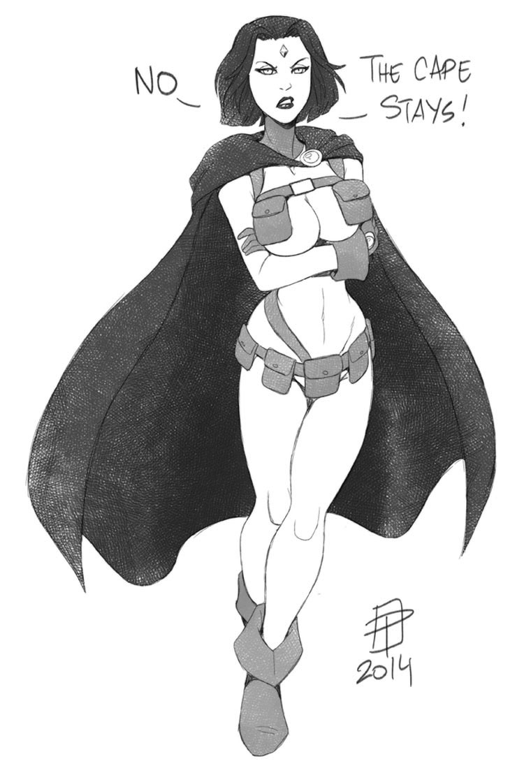 10s 1girl 2014 ankle_boots belt boots breasts call_me_po cape cleavage cosplay crossed_arms dc_comics forehead_jewel gloves harness kill_la_kill large_breasts lips monochrome nudist_beach_uniform raven_(dc) short_hair solo teen_titans thigh_gap under_boob utility_belt
