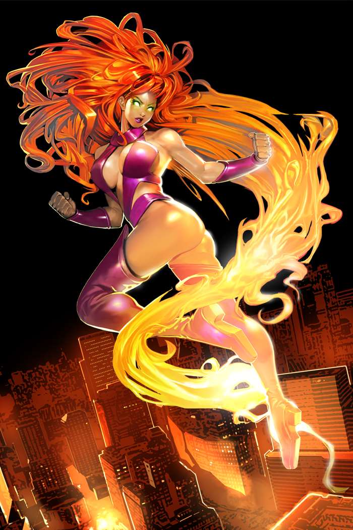 1girl absurdly_long_hair alien ass boots city dc_comics fiery_hair flying glowing glowing_eyes gradient_hair green_eyes kim_intae leotard long_hair multicolored_hair no_pupils redhead solid_eyes solo starfire superhero tamaranian teen_titans thigh-highs thigh_boots vambraces very_long_hair