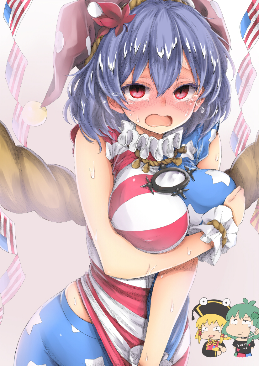 1girl 3girls :t american_flag american_flag_legwear american_flag_shirt black_dress black_shirt blonde_hair blush breast_hold breasts chibi_inset chikado chinese_clothes clownpiece clownpiece_(cosplay) commentary_request cosplay crying crying_with_eyes_open dress embarrassed frog_hair_ornament green_hair hair_ornament hair_tubes hat hecatia_lapislazuli hecatia_lapislazuli_(cosplay) jester_cap junko_(touhou) junko_(touhou)_(cosplay) kochiya_sanae large_breasts leaf_hair_ornament looking_at_viewer moriya_suwako multicolored_skirt multiple_girls neck_ruff off-shoulder_shirt pantyhose plump polka_dot purple_hair red_eyes rope shiny shiny_hair shirt shirt_tug simple_background sleeveless sleeveless_shirt smug snake_hair_ornament star star_print striped sweat t-shirt taut_clothes taut_shirt tears touhou wavy_mouth wrist_cuffs yasaka_kanako