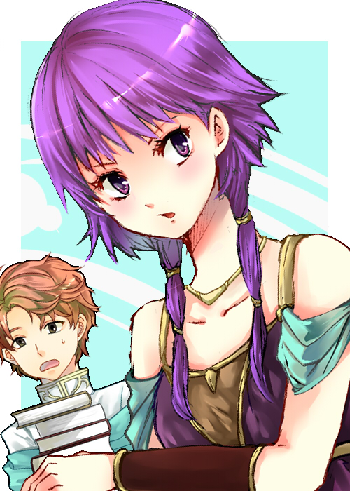 1boy 1girl artur bare_shoulders black_eyes book collarbone fire_emblem fire_emblem:_seima_no_kouseki jewelry kariu long_hair lute_(fire_emblem) necklace open_mouth orange_hair purple_hair short_hair turtleneck twintails violet_eyes