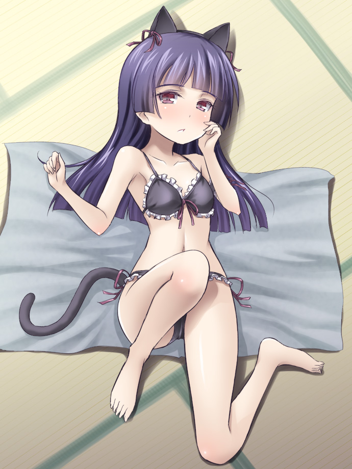 1girl animal_ears barefoot bikini black_bra black_hair black_panties blush bra cat_ears cat_tail frills from_above gokou_ruri hairband long_hair looking_at_viewer lying masakichi_(crossroad) ore_no_imouto_ga_konna_ni_kawaii_wake_ga_nai panties red_eyes shiny shiny_skin solo swimsuit tail tatami underwear