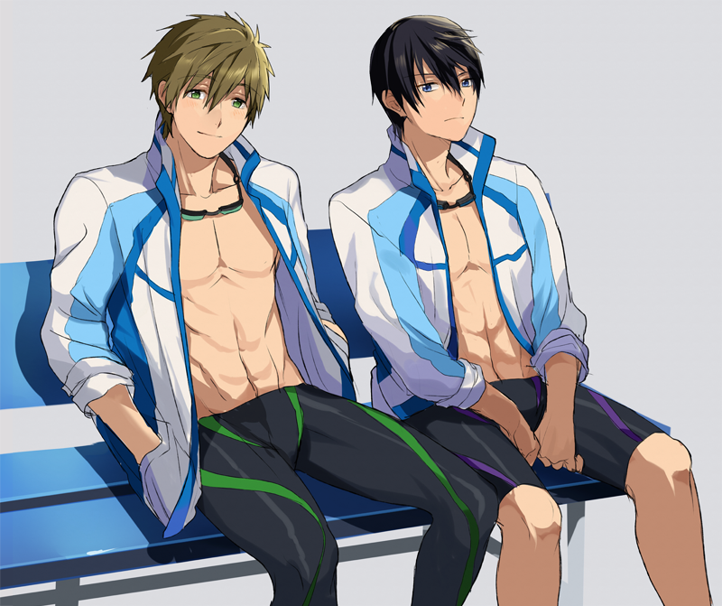 2boys bench black_hair blue_eyes blush brown_hair free! glasses goggles goggles_around_neck green_eyes jacket male_focus multiple_boys muscle nanase_haruka_(free!) nonhomo_gyunyu open_mouth shirt_lift short_hair smile sweat swimsuit tachibana_makoto track_jacket