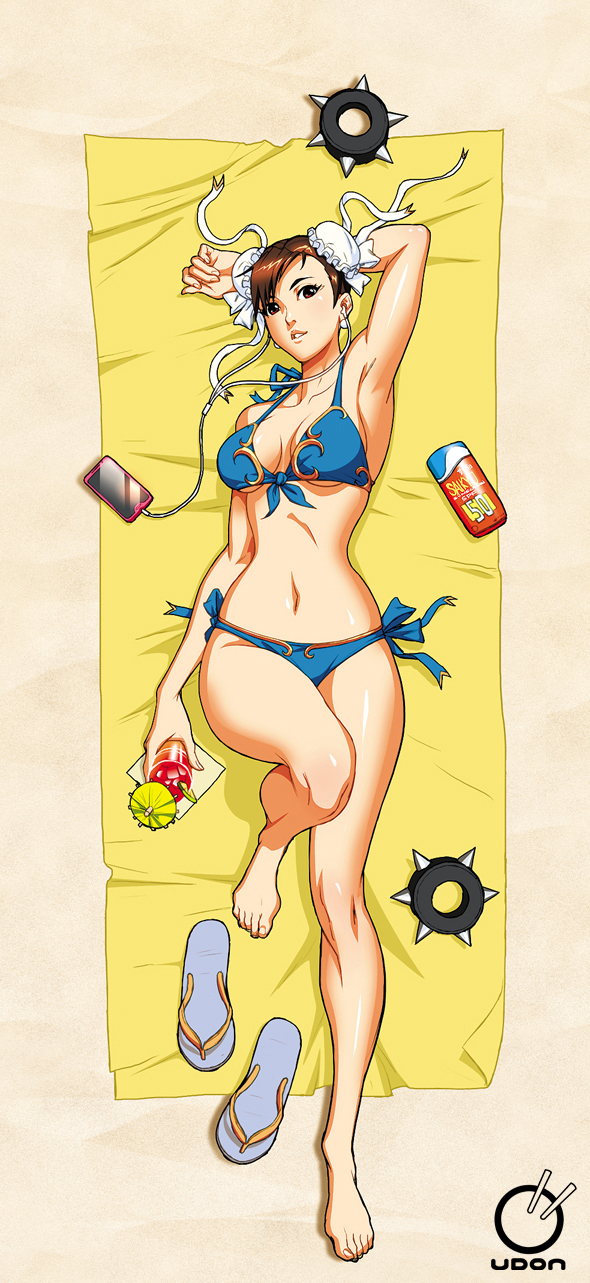1girl adapted_costume arm_behind_head armpits arms arnold_tsang asymmetrical_bangs bag bangs barefoot beach beach_towel bikini blue_bikini bracelet breasts brown_eyes brown_hair capcom chun-li cocktail digital_media_player double_bun drink earrings feet from_above front-tie_top goggles hair_bun headphones highres jewelry legs looking_at_viewer lotion lying medium_breasts midriff official_art on_back parted_lips sand sandals_removed shiny shiny_skin side-tie_bikini slippers solo spiked_bracelet spikes street_fighter street_fighter_iv street_fighter_iv_(series) sunbathing sunscreen swimsuit thighs towel udon_entertainment