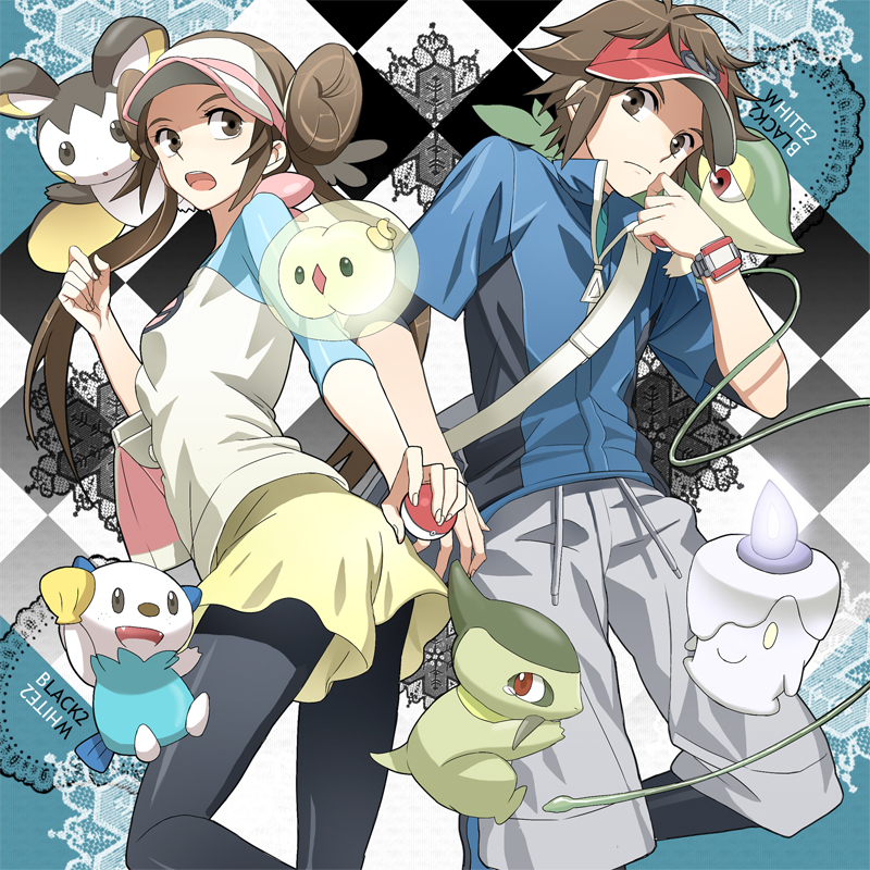 10s 1boy 1girl axew bag black_legwear bow brown_eyes brown_hair copyright_name double_bun emolga holding holding_poke_ball jacket kyouhei_(pokemon) leggings litwick long_hair mei_(pokemon) msmoderato nintendo open_mouth oshawott pantyhose poke_ball pokemon pokemon_(game) pokemon_bw2 raglan_sleeves short_hair shorts shoulder_bag snivy solosis twintails visor_cap