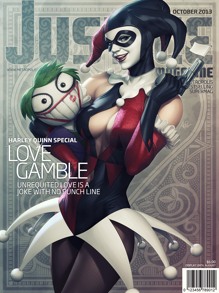 $ 10s 1girl 2013 :d barcode bare_shoulders batman_(series) blue_eyes breasts character_doll character_name cleavage cleavage_cutout cover cowboy_shot crazy_smile dated dc_comics doll elbow_gloves english facepaint fake_cover fishnet_pantyhose fishnets flag gloves grey_background grin gun handgun harley_quinn hat heart heart_background holding holding_gun holding_weapon jester jester_cap large_breasts leotard lips lipstick lipstick_mark looking_at_viewer magazine_cover makeup metropolisjustice navel navel_cutout open_mouth pantyhose price_tag revolver seductive_smile signature smile solo stanley_lau stitches stuffed_animal superhero teeth the_joker toy_gun watermark weapon web_address
