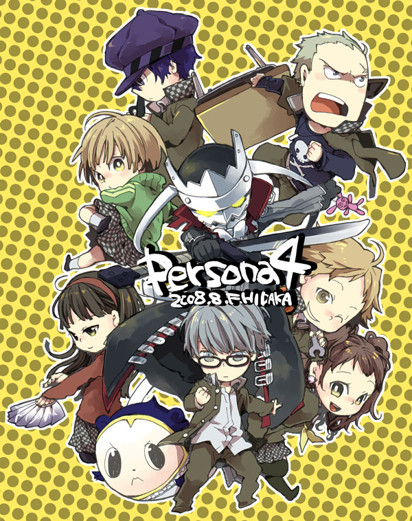 3boys 4girls ahoge amagi_yukiko bear black_hair blonde_hair blue_eyes blue_hair bowl_cut cabbie_hat checkered checkered_skirt chibi copyright_name desk fan folding_fan glasses green_jacket grey_eyes grey_hair gun hanamura_yousuke hat hidaka_fuuro izanagi jacket jacket_on_shoulders kujikawa_rise kuma_(persona_4) long_hair megami_tensei multiple_boys multiple_girls narukami_yuu one_eye_closed persona persona_4 satonaka_chie school_uniform shin_megami_tensei shirogane_naoto short_hair skirt skull smile sword tatsumi_kanji track_jacket twintails weapon yellow_eyes