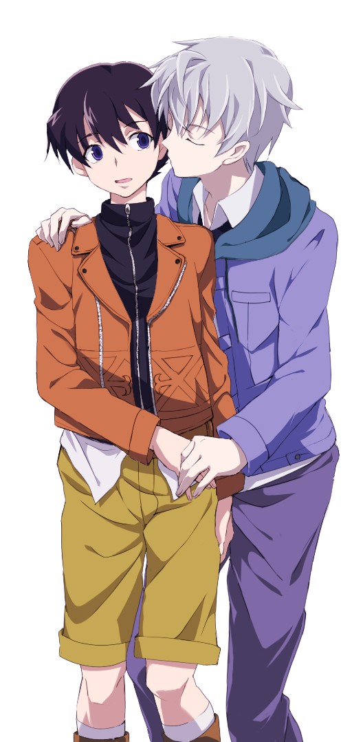 2boys akise_aru amano_yukiteru artist_request black_hair boots closed_eyes from_behind hand_holding hand_on_another's_shoulder hand_on_shoulder hug incipient_kiss jacket long_shorts male_focus mirai_nikki multiple_boys open_mouth pants short_hair shorts silver_hair violet_eyes yaoi