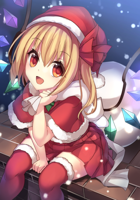 1girl :d alternate_costume arm_support bangs blonde_hair blush capelet christmas crystal eyebrows_visible_through_hair flandre_scarlet fur_trim hair_between_eyes hair_ribbon hat janne_cherry looking_at_viewer open_mouth red_eyes red_legwear red_ribbon red_skirt ribbon sack santa_costume santa_hat side_ponytail sitting skirt smile snowing solo thigh-highs touhou wings