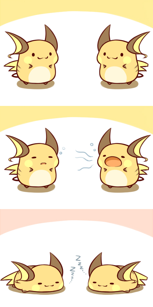 3koma :3 cafe_(chuu_no_ouchi) chibi comic lying no_humans on_stomach pokemon pokemon_(game) raichu sleeping smile yawning zzz