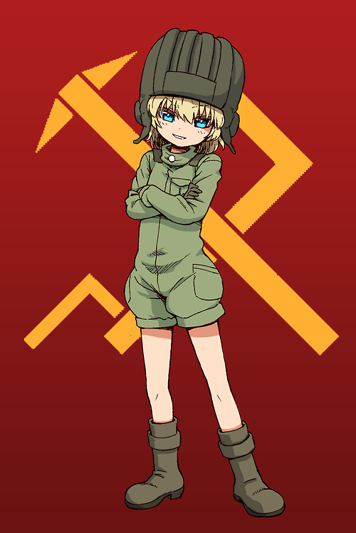 1girl blonde_hair blue_eyes emblem girls_und_panzer katyusha military military_uniform sabaku_chitai short_hair short_jumpsuit smile solo uniform