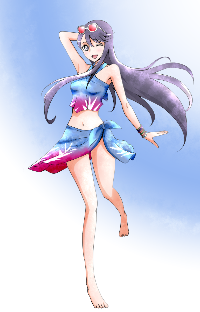 1girl ;d bikini blue_background blue_eyes bracelet crop_top eyelashes gacchahero glasses gradient gradient_background happy heartcatch_precure! highres jewelry long_hair looking_at_viewer navel one_eye_closed open_mouth precure purple_hair sarong smile solo sunglasses sunglasses_on_head swimsuit tsukikage_yuri white_background wink