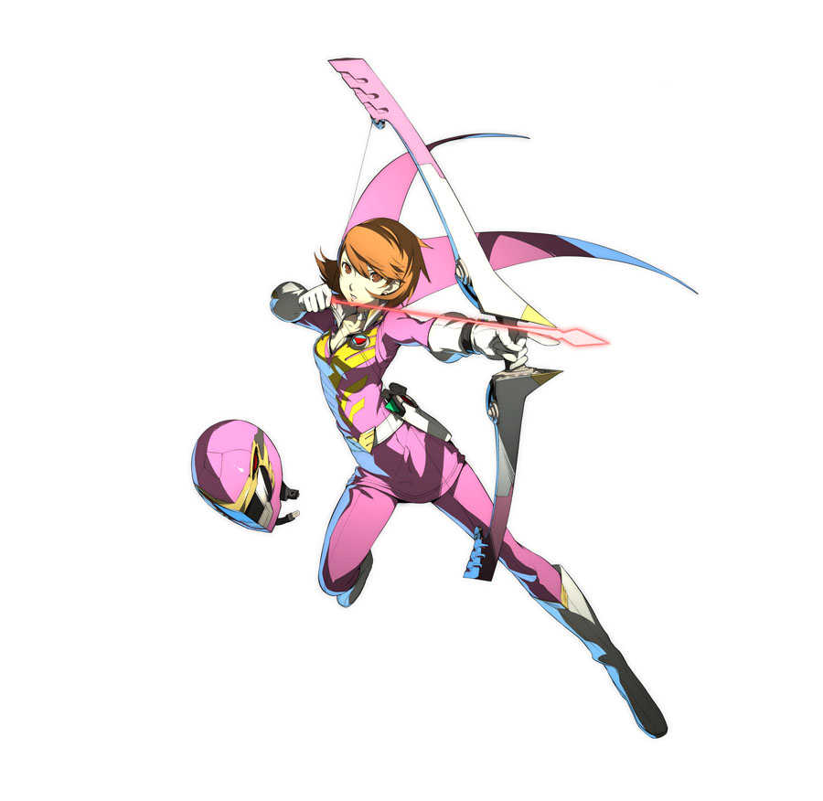 1girl atlus boots bow_(weapon) brown_eyes brown_hair earrings gloves jewelry official_art persona persona_3 persona_4:_the_ultimate_in_mayonaka_arena persona_4:_the_ultimax_ultra_suplex_hold sentai shin_megami_tensei short_hair simple_background soejima_shigenori takeba_yukari weapon white_background