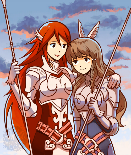 2girls aquanut armor belt blush breastplate brown_hair clouds cloudy_sky feathers fire_emblem fire_emblem:_kakusei gauntlets hair_feathers hair_ornament hand_on_another's_shoulder long_hair looking_at_another multiple_girls pegasus_knight polearm redhead sky spaulders spear sumia cordelia_(fire_emblem) weapon yuri