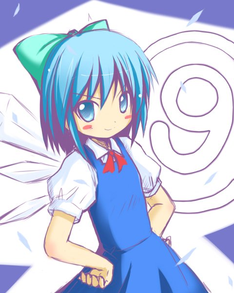 (9) 1girl blue_eyes blue_hair blush_stickers bow cirno hair_bow hands_on_hips ice ice_wings looking_at_viewer shichinose smile solo touhou wings