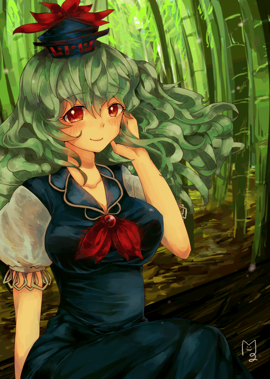 1girl adjusting_hair bad_id bamboo bamboo_forest blue_hair breasts cleavage dress female forest hat highres kamishirasawa_keine log long_hair mizuoka mizuoka_magu nature red_eyes shirt sitting smile solo taut_clothes taut_shirt touhou