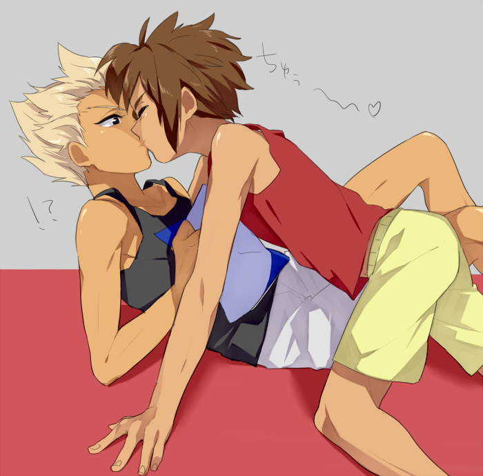 !? 2boys black_eyes boxers brown_hair closed_eyes endou_mamoru gouenji_shuuya heart inazuma_eleven inazuma_eleven_(series) kiss looking_at_another male_focus multiple_boys shirt simple_background singlet sleeveless sleeveless_shirt spiky_hair takepiyo tan_skin text translation_request underwear white_hair yaoi