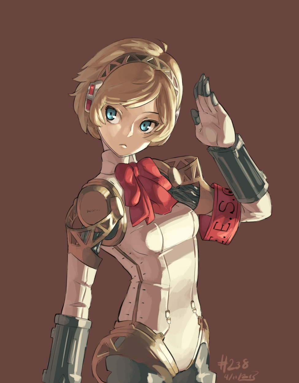 1girl aegis aegis_(persona) android armband atlus blonde_hair blue_eyes breasts dated headphones highres junkpuyo persona persona_3 robot_joints shin_megami_tensei short_hair small_breasts solo