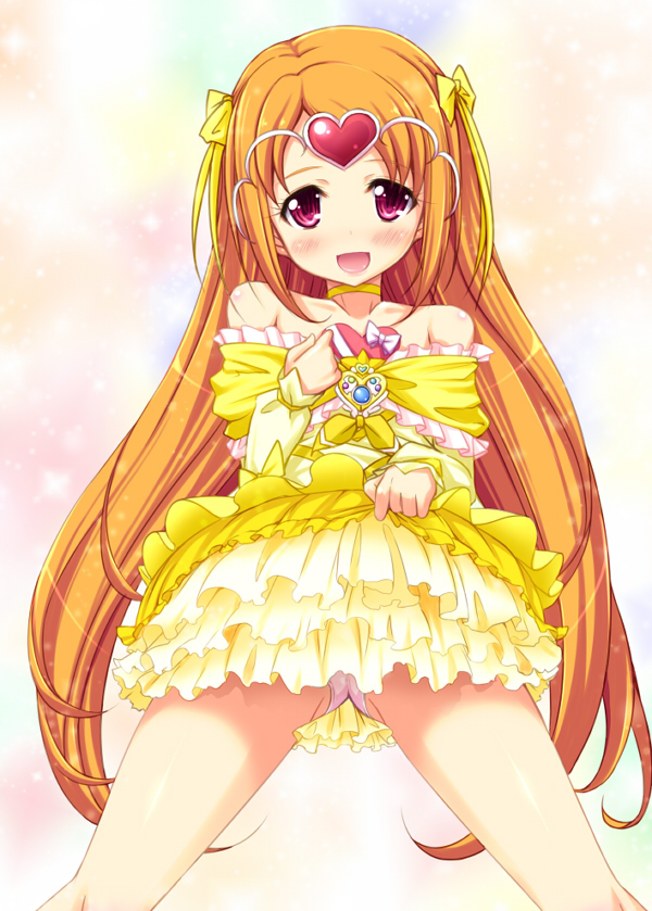 1girl bare_shoulders blush bow choker circlet cure_muse cure_muse_(yellow) dress dress_lift heart long_hair magical_girl neck_ribbon orange_hair panties pink_eyes precure ribbon shirabe_ako shiwo smile solo suite_precure underwear white_background yellow_bow