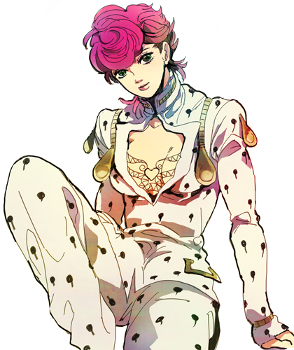 1girl bruno_buccellati bruno_bucciarati bruno_bucciarati_(cosplay) cleavage_cutout cosplay green_eyes guido_mista jojo_no_kimyou_na_bouken lowres pink_hair short_hair solo trish_una