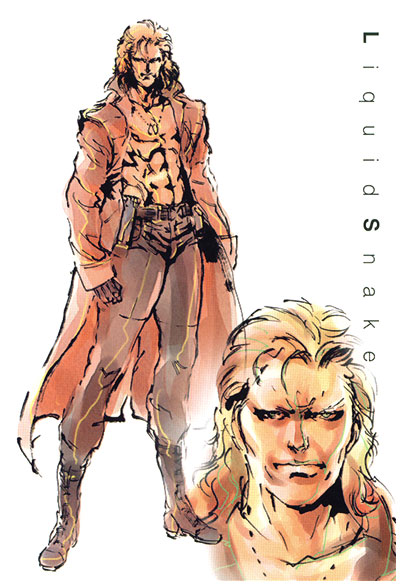 1boy abs blonde_hair boots character_name coat dog_tags face gloves liquid_snake male metal_gear_(series) metal_gear_solid mullet official_art open_clothes open_coat shinkawa_youji trench_coat