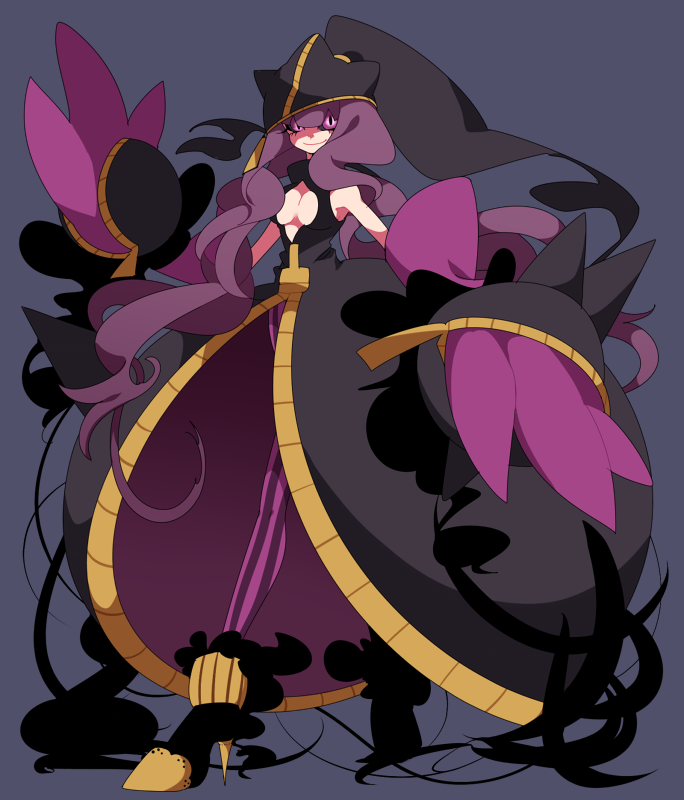 10s 1girl banette bare_shoulders breasts cleavage_cutout dress hat high_heels karabako mega_banette mega_pokemon personification pokemon pokemon_(game) pokemon_xy purple_hair solo violet_eyes zipper