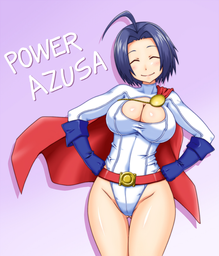 1girl ahoge beltskirt blue_hair breasts cape cleavage cleavage_cutout cosplay dc_comics gloves goriate idolmaster idolmaster_2 large_breasts leotard miura_azusa power_girl power_girl_(cosplay) short_hair smile solo