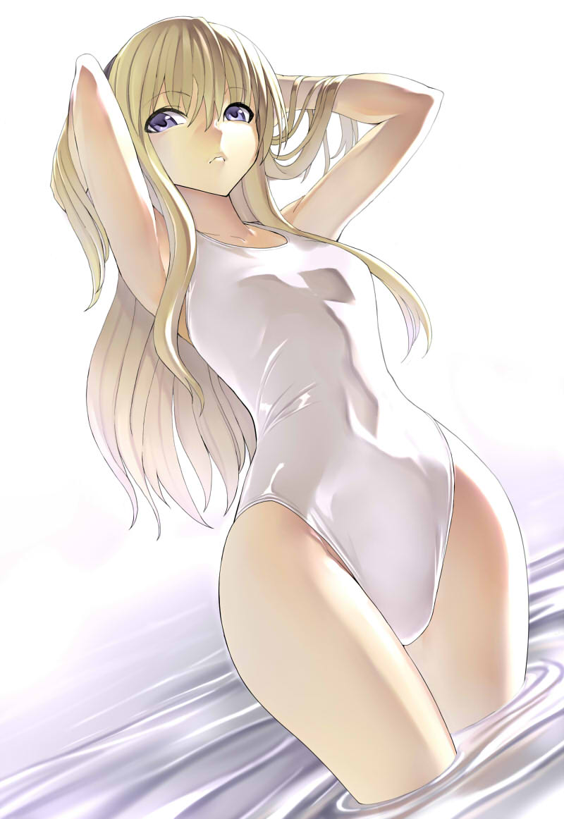 1girl adjusting_hair armpits arms_behind_head arms_up blonde_hair blue_eyes dutch_angle feet_in_water hair_tucking hakaba_(dairiseki) long_hair looking_at_viewer one-piece_swimsuit parted_lips quiz_magic_academy shalon shiny shiny_clothes simple_background soaking_feet solo standing swimsuit wading water white white_swimsuit wide_hips