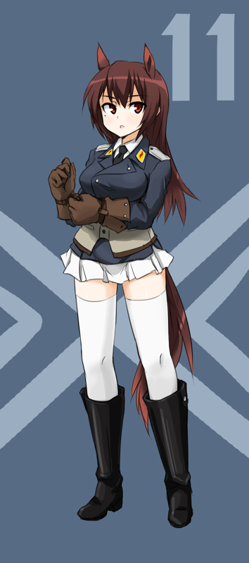 1girl animal_ears bad_id boots breasts brown_eyes brown_hair dakku_(ogitsune) female gloves jacket knee_boots large_breasts long_hair military military_uniform miniskirt open_mouth red_eyes skirt solo strike_witches strike_witches_1991 tail thigh-highs uniform very_long_hair white_legwear zettai_ryouiki