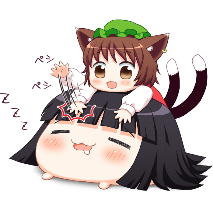 1girl animal_ears bebelona bebeneko cat_ears chen drooling houraisan_kaguya multiple_tails patting patting_head saliva sleeping tail teruyof touhou two_tails yukkuri_shiteitte_ne