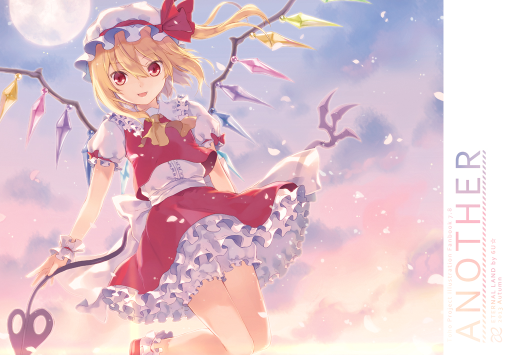 1girl 6u_(eternal_land) ascot blonde_hair bloomers clouds flandre_scarlet full_moon hat hat_ribbon laevatein looking_at_viewer mob_cap moon open_mouth petals petticoat puffy_sleeves red_eyes ribbon shirt short_sleeves side_ponytail skirt skirt_set smile solo sunset touhou underwear vest wings wrist_cuffs